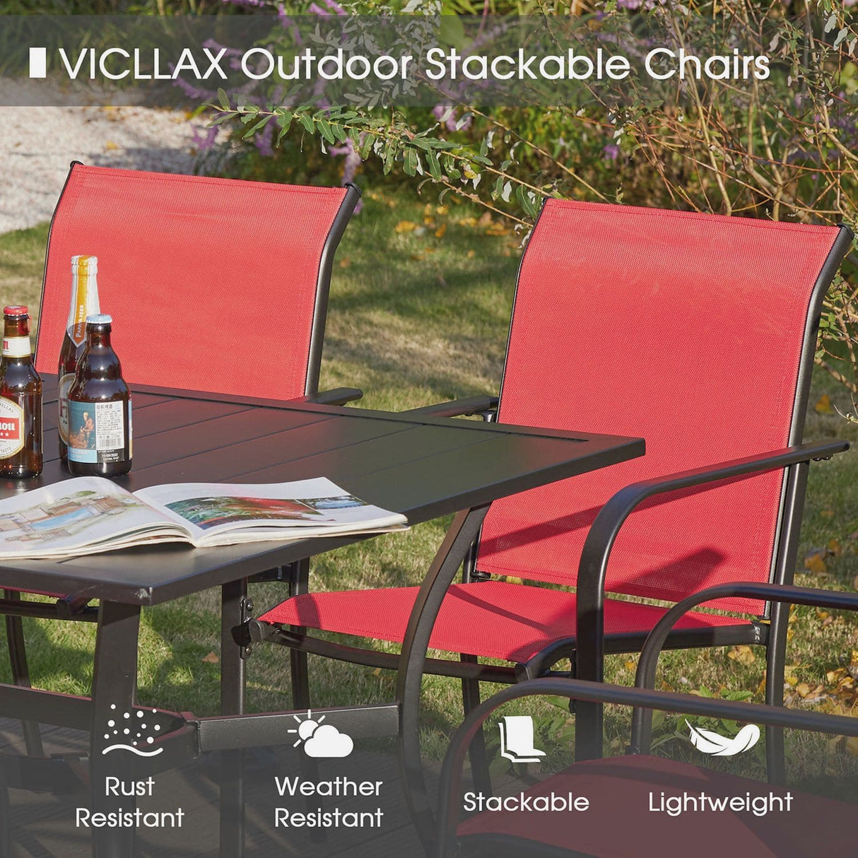 Vicllax 7 Pieces Outdoor Dining Set with Curved Dining Table and Stackable Sling Chair