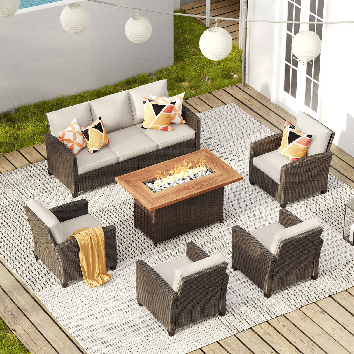 Vicllax Patio Furniture Set, Wicker Outdoor Conversation Set with Cushioned Sofa Chairs Fire Pit Table and Ottomans