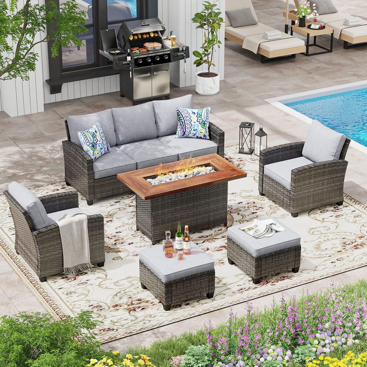 Vicllax Versatile Wicker Patio Set: 6 Pieces with Fire Table and Ottoman