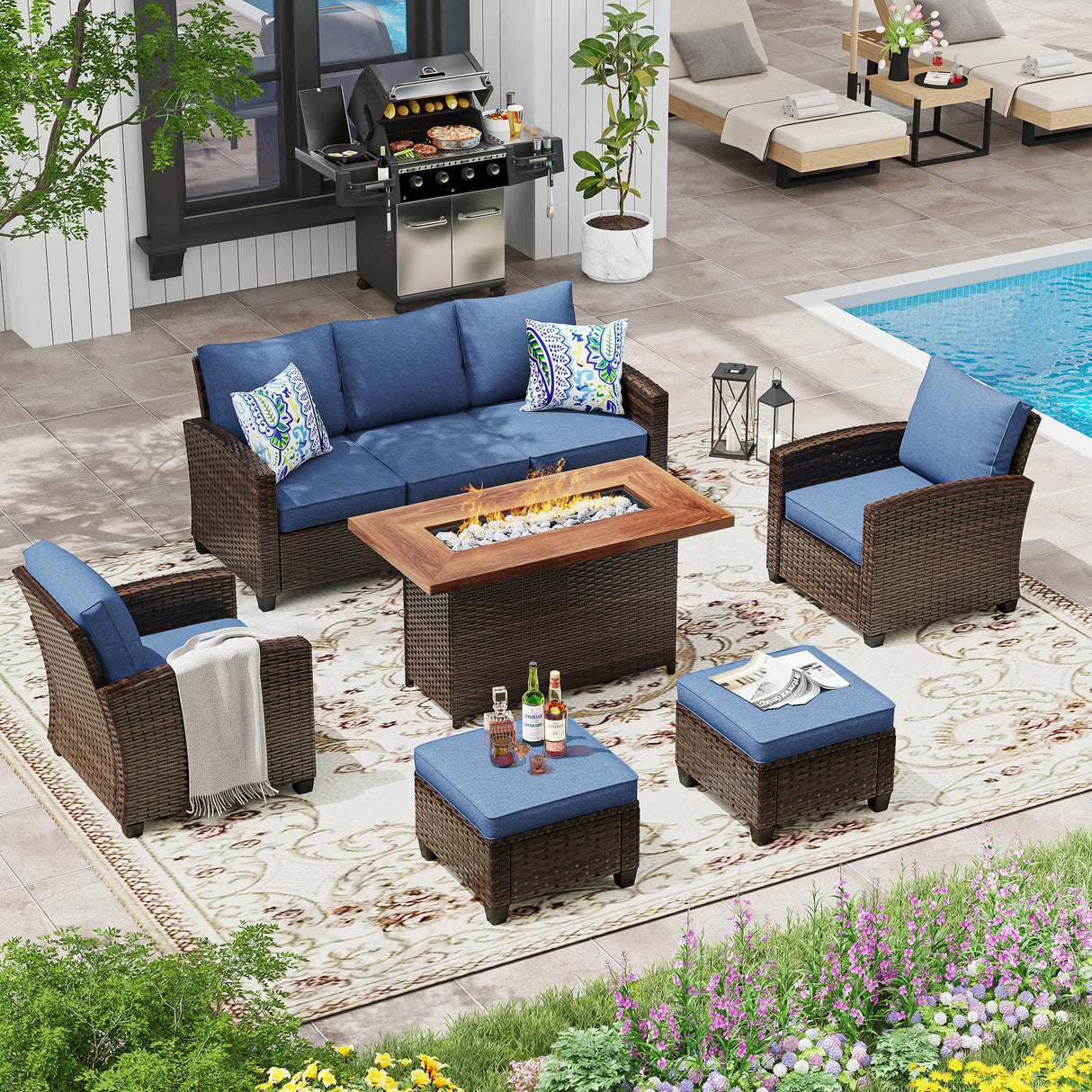 Vicllax Versatile Wicker Patio Set: 6 Pieces with Fire Table and Ottoman