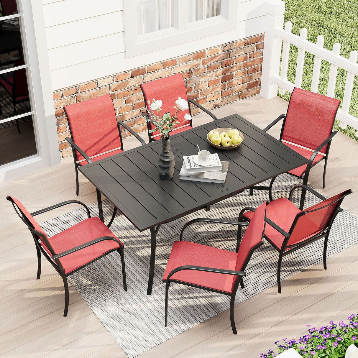 Vicllax 7 Pieces Outdoor Dining Set with Curved Dining Table and Stackable Sling Chair