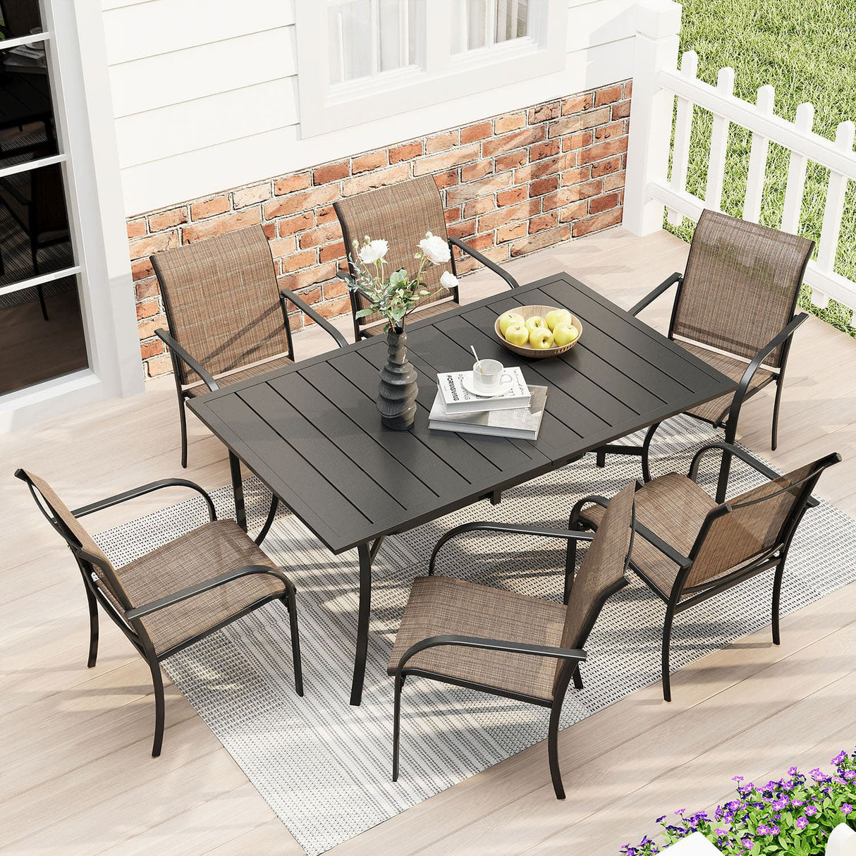 Vicllax 7 Pieces Outdoor Dining Set with Curved Dining Table and Stackable Sling Chair