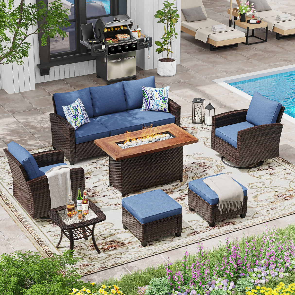 Vicllax Versatile Wicker Patio Set: 6 Pieces with Fire Table and Ottoman
