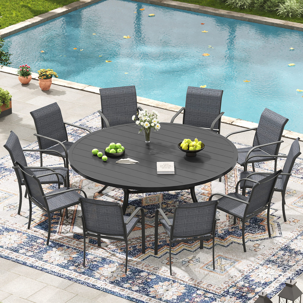 VICLLAX 11-Pcs Outdoor Dining Set, 63” Round Metal Table with Umbrella Hole & 10 Stackable Chairs