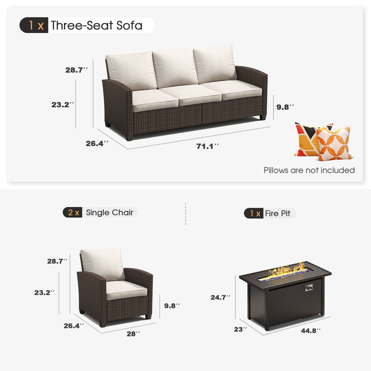 Vicllax Patio Furniture Set, Wicker Outdoor Conversation Set with Cushioned Sofa Chairs Fire Pit Table and Ottomans