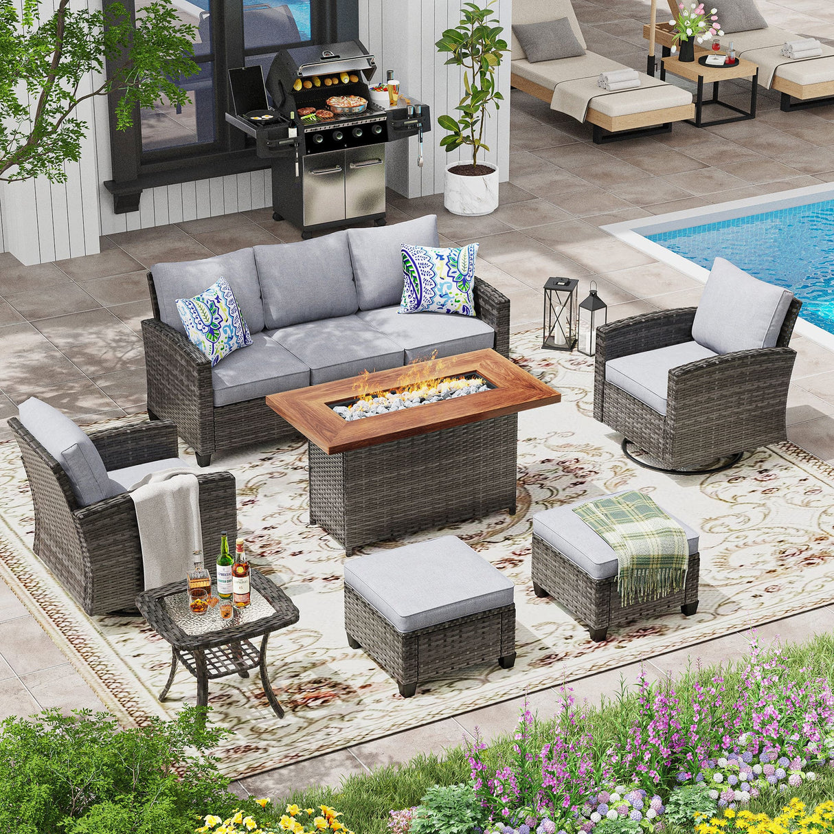Vicllax Versatile Wicker Patio Set: 6 Pieces with Fire Table and Ottoman