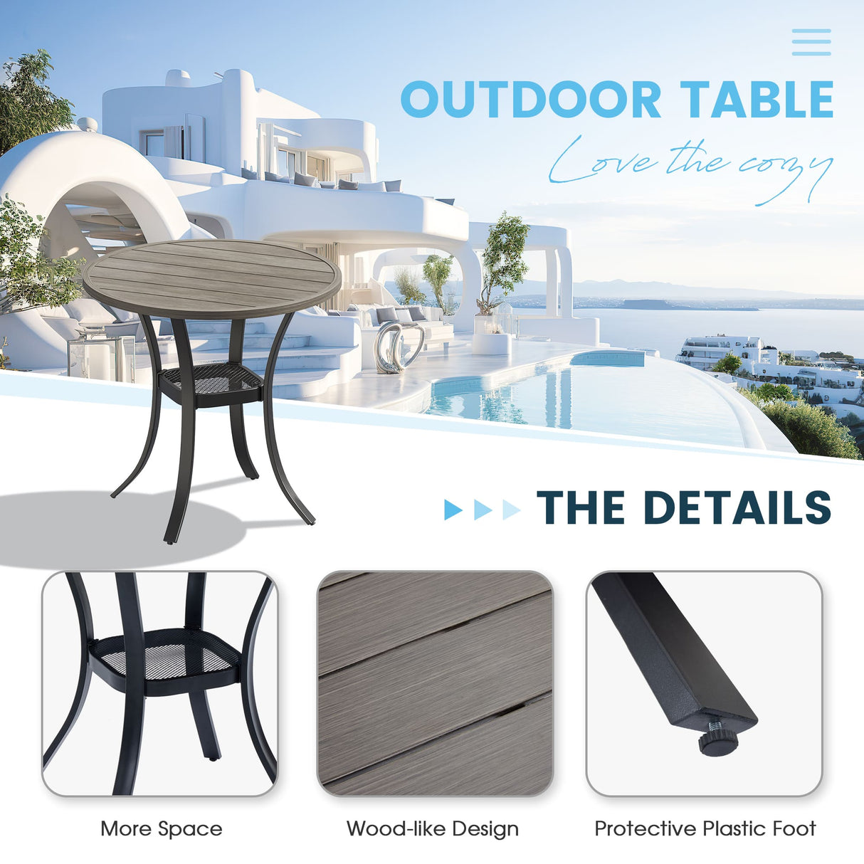 Vicllax Outdoor 27" Small Dining Table, Patio Round Metal Table with Storage Shelf