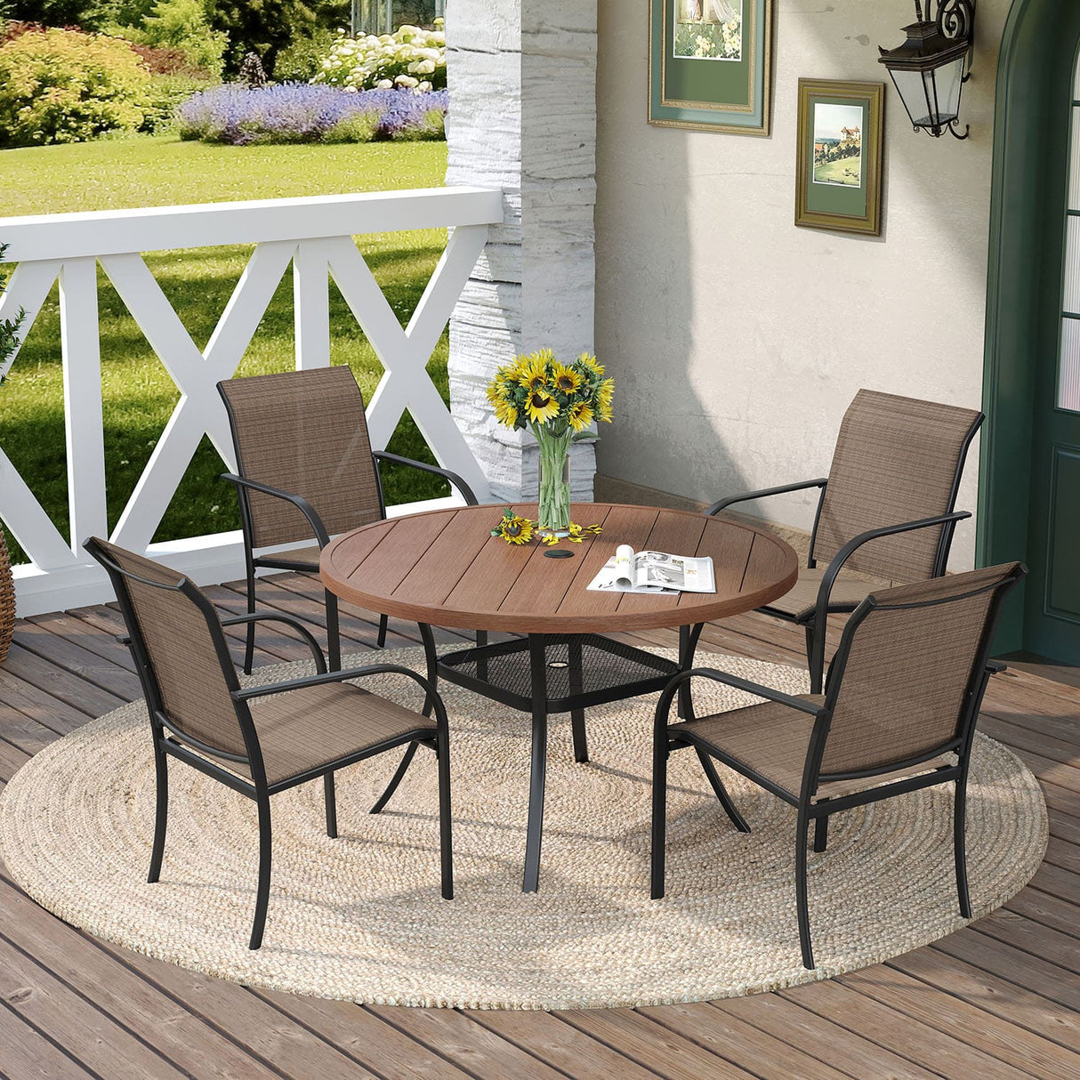Vicllax 5/7 Pcs Outdoor Dining Set with Round Metal Table and Stackable Sling Chair