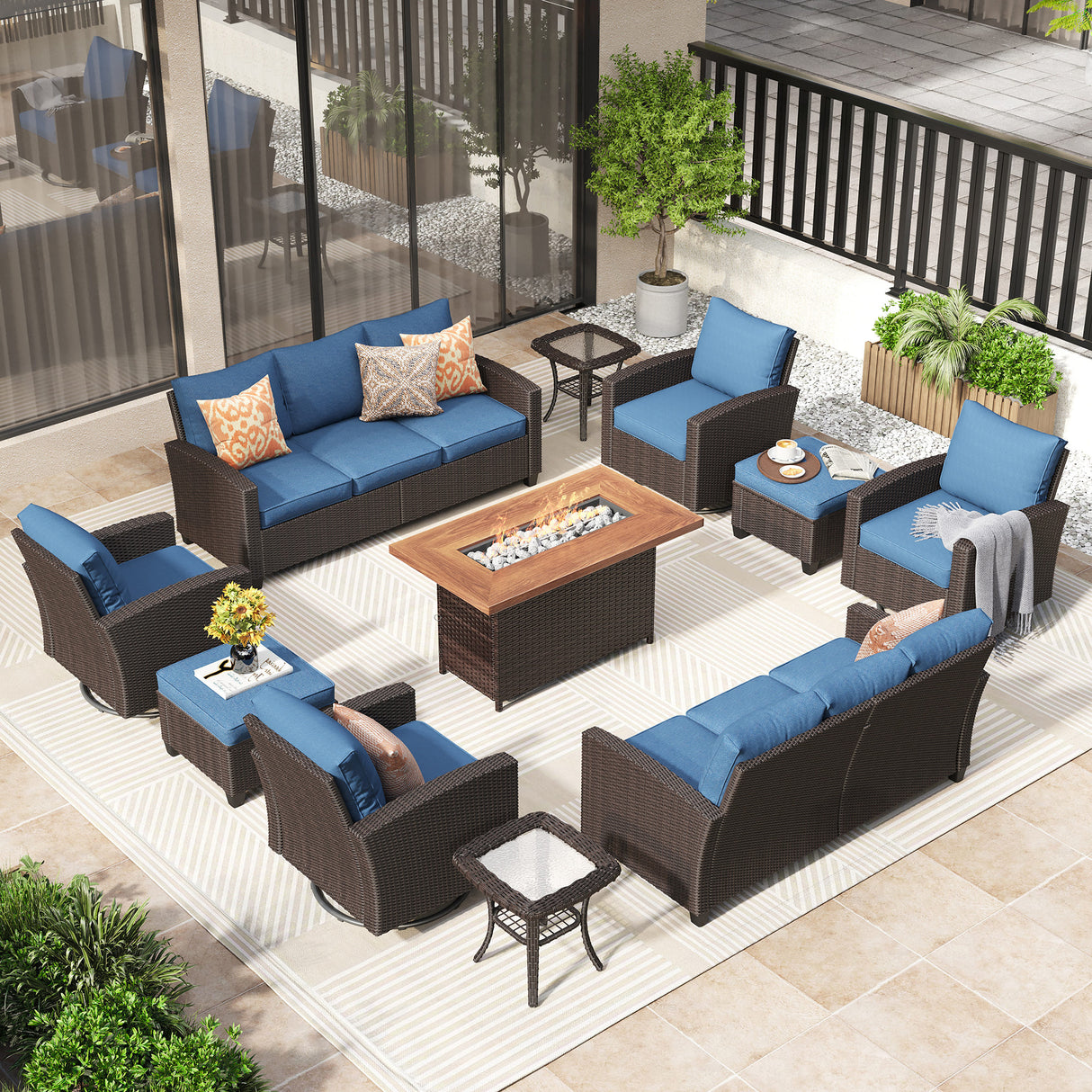 Vicllax Patio Sofa Set, Wicker Outdoor Conversation Set with Cushioned Sofa Chairs with Wicker Fire Pit