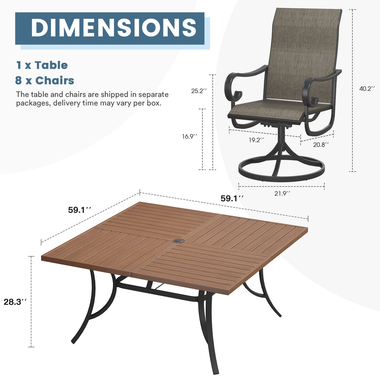 Vicllax 9 Pieces Outdoor Dining Set with 59" Square Dining Table and Swivel Chairs