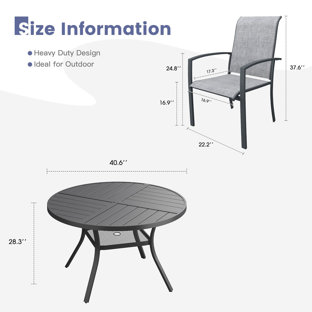 Vicllax 5 PCS Patio Dining Table Set, 41" Round Metal Table with Shelf and Skyline Stackable Chair