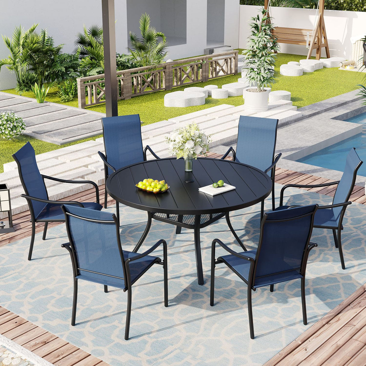 Vicllax 5 Pcs Outdoor Dining Set with 40.6" Round Metal Table and High Back Stackable Chair