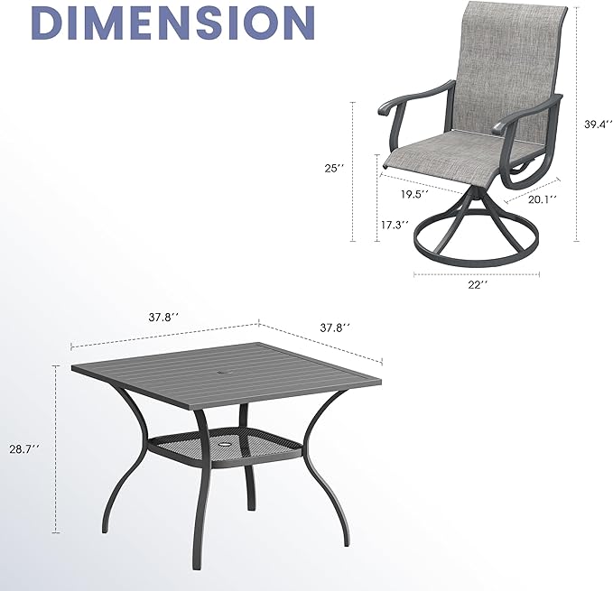 VICLLAX 5 Pieces Outdoor Dining Set, Swivel Dining Chairs and 37.8" Square Patio Table with Storage Shelf