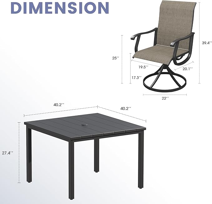 Vicllax Outdoor 40.2“ Dining Table Set of 4, Square Table with Swivel Dining