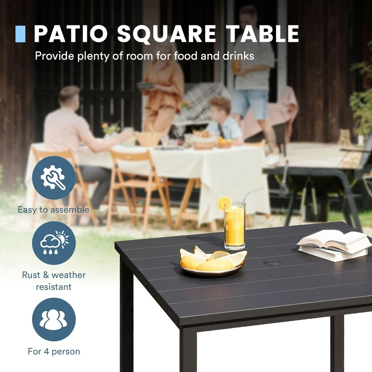 Vicllax 5 Pieces Outdoor Dining Set, Patio Square Metal Table and Horizon Stackable Chair