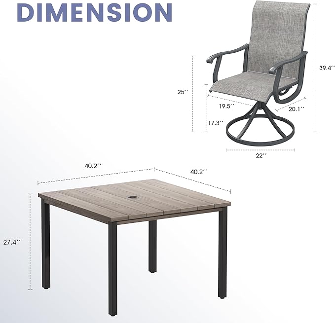 Vicllax Outdoor 40.2“ Dining Table Set of 4, Square Table with Swivel Dining
