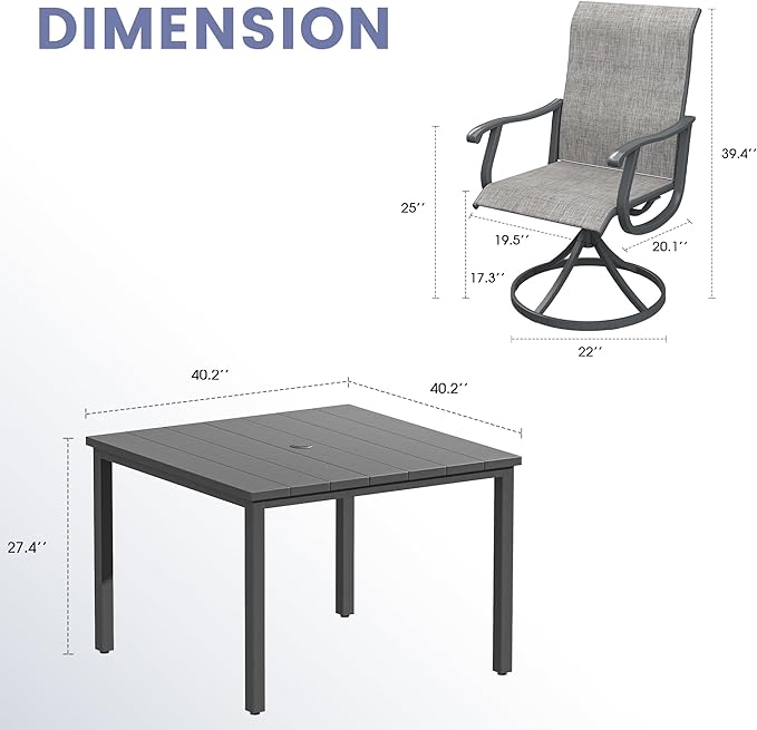 Vicllax Outdoor 40.2“ Dining Table Set of 4, Square Table with Swivel Dining