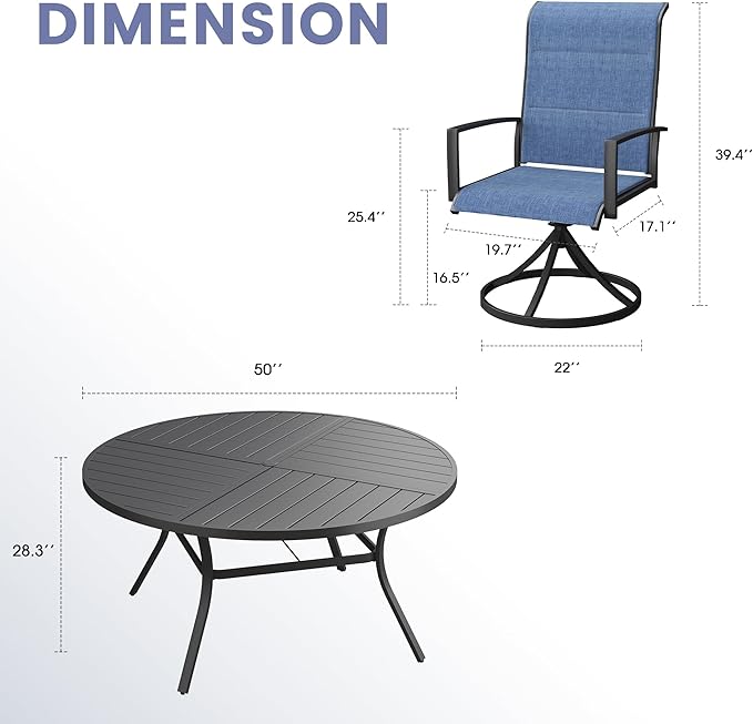 Vicllax 7 Pieces Outdoor Dining Set, 50" Metal Round Dining Table and Paddad Swivel Chairs