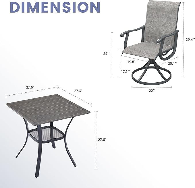 VICLLAX 3 Pieces Outdoor Dining Set, Set of 2 Patio Swivel Dining Chairs and 28" Square Table