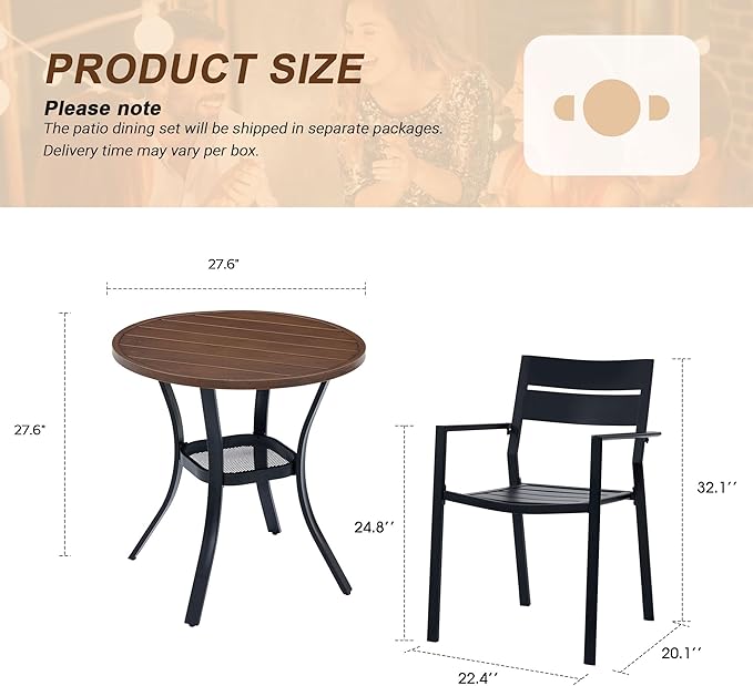 Vicllax Outdoor Patio Bistro Set of 2, Metal 27.6" Round Table and Stackable Dining Chair