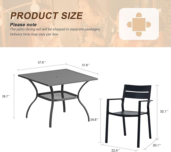 VICLLAX Patio 5 Pieces Outdoor Dining Set for 4, 37.8" Outdoor Square Table and Metal Stackable Chair