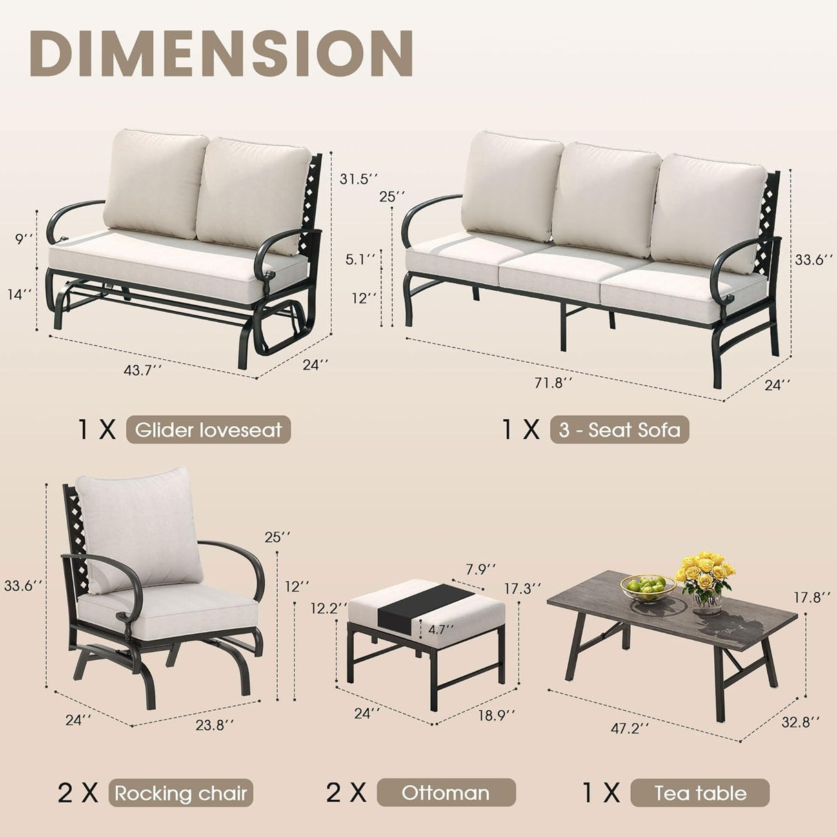 Vicllax 5-Piece Outdoor Patio Conversation Set with Cushioned Sofa Chairs and Ottomans