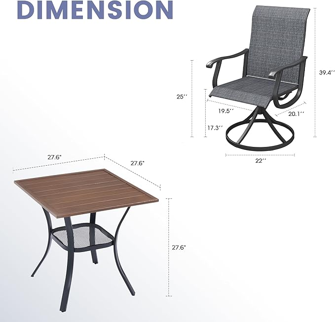 VICLLAX 3 Pieces Outdoor Dining Set, Set of 2 Patio Swivel Dining Chairs and 28" Square Table