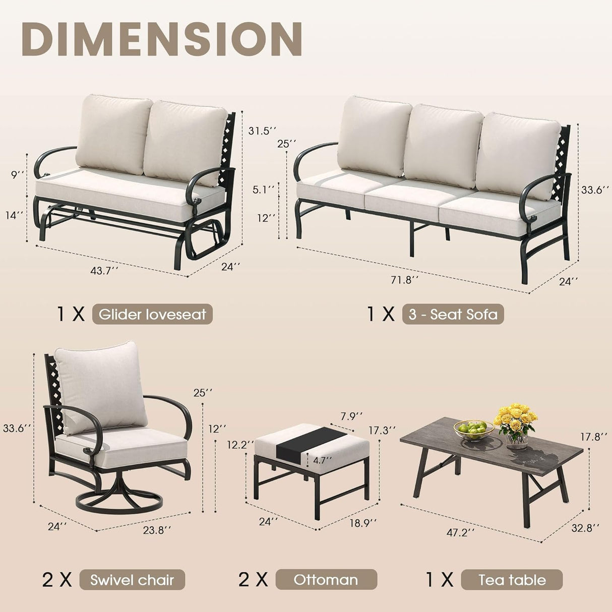 Vicllax 5-Piece Outdoor Patio Conversation Set with Cushioned Sofa Chairs and Ottomans