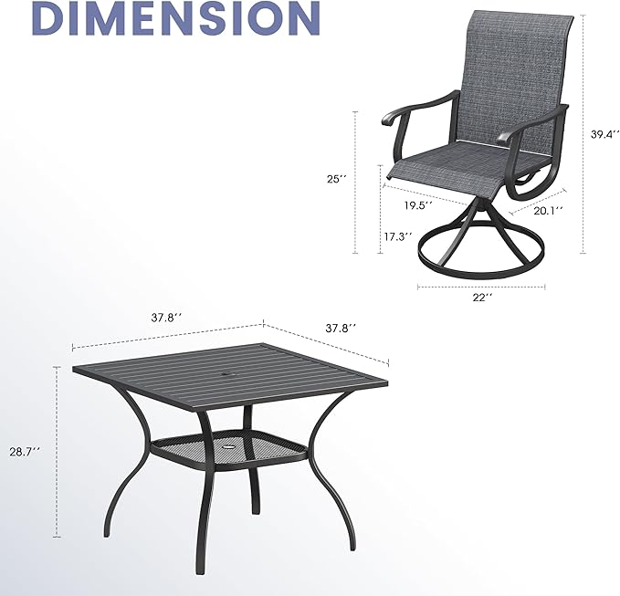 VICLLAX 5 Pieces Outdoor Dining Set, Swivel Dining Chairs and 37.8" Square Patio Table with Storage Shelf