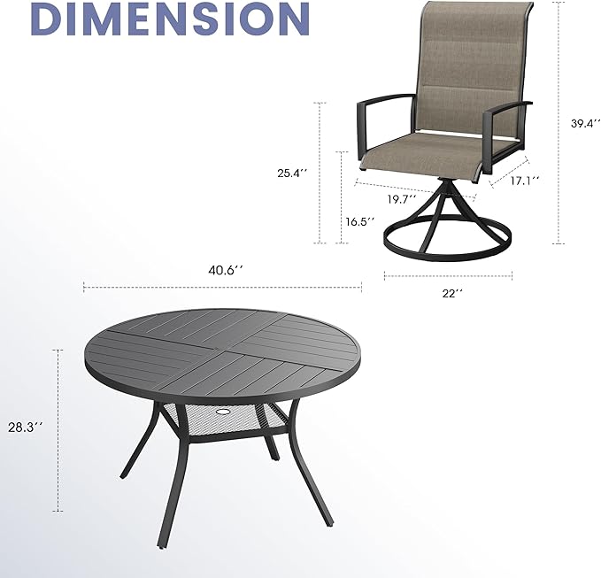 Vicllax 5 Pieces Outdoor Dining Set, 40.6" Metal Round Dining Table and Paddad Swivel Chairs