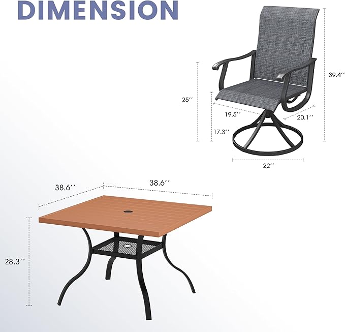 Vicllax Outdoor 38.6“ Plastic Dining Table Set of 4, Plastic Square Table with Swivel Dining Chairs