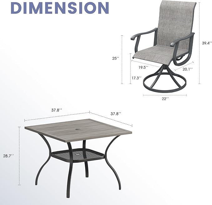 VICLLAX 5 Pieces Outdoor Dining Set, Swivel Dining Chairs and 37.8" Square Patio Table with Storage Shelf