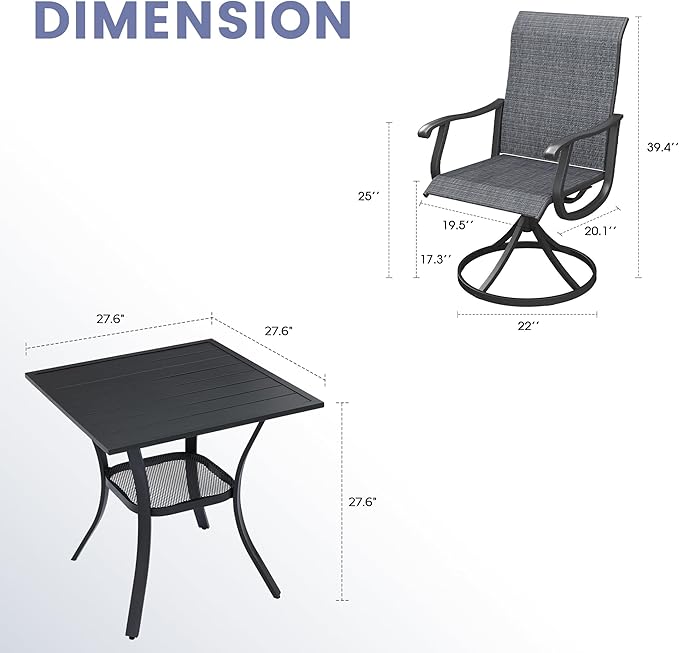 VICLLAX 3 Pieces Outdoor Dining Set, Set of 2 Patio Swivel Dining Chairs and 28" Square Table