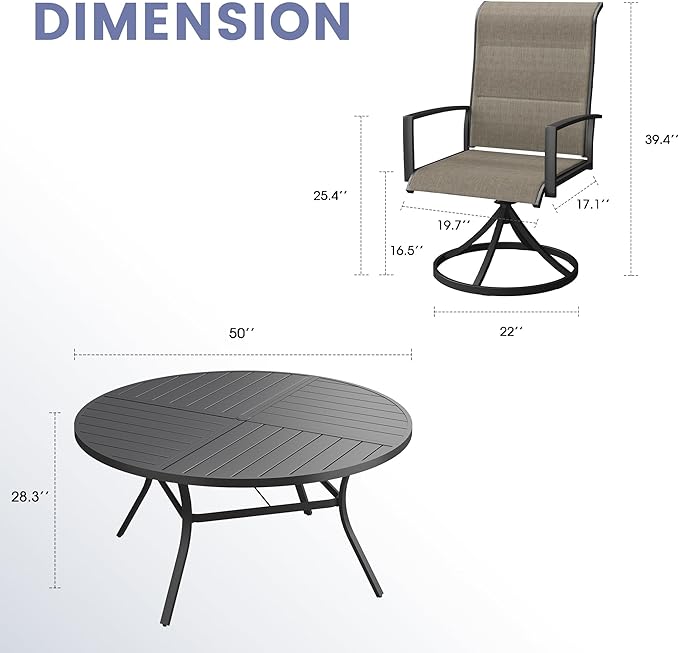 Vicllax 7 Pieces Outdoor Dining Set, 50" Metal Round Dining Table and Paddad Swivel Chairs