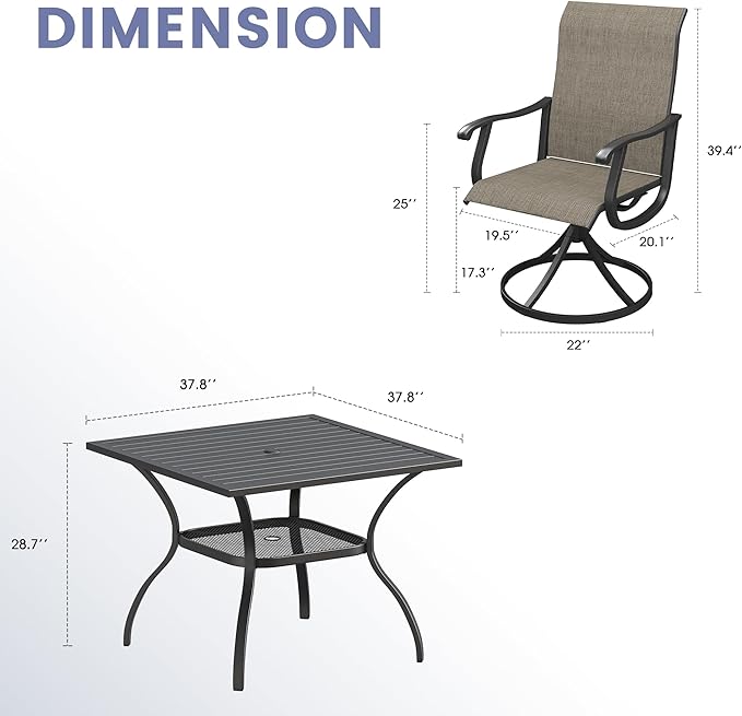 VICLLAX 5 Pieces Outdoor Dining Set, Swivel Dining Chairs and 37.8" Square Patio Table with Storage Shelf