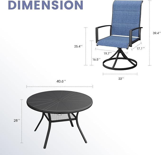 Vicllax 5 Pieces Outdoor Dining Set, Premium Metal Round Table and Paddad Swivel Chairs