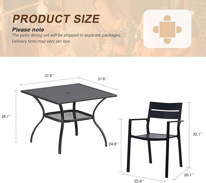 VICLLAX Patio 5 Pieces Outdoor Dining Set for 4, 37.8" Outdoor Square Table and Metal Stackable Chair