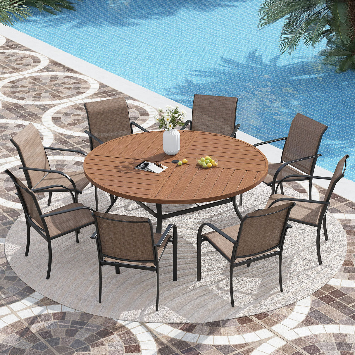 VICLLAX 7/9/11 PCS Patio Dining Table Set, Round Metal Table and Stackable Sling Chair