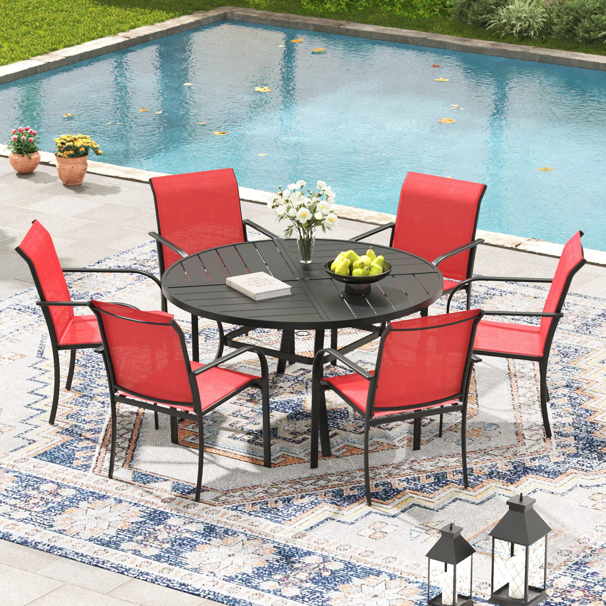 VICLLAX 5/7 PCS Patio Dining Table Set, Round Metal Table with Shelf and Stackable Sling Chair