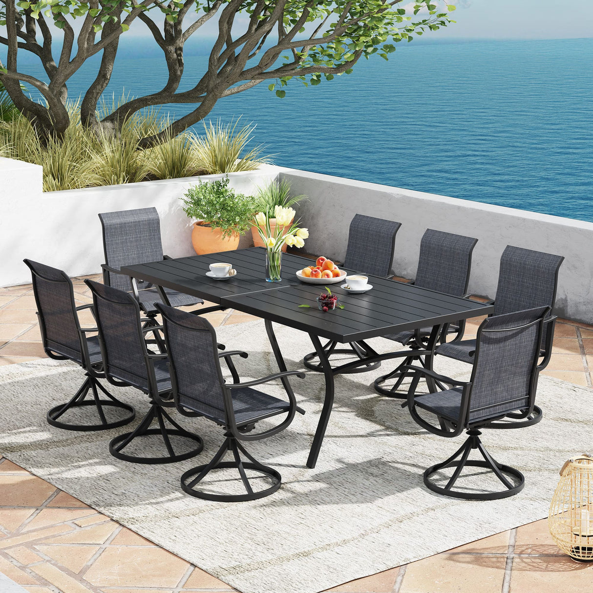 Vicllax 7/9 Pieces Outdoor Dining Set with Black Metal Rectangular Table and Textilene Swivel Chair