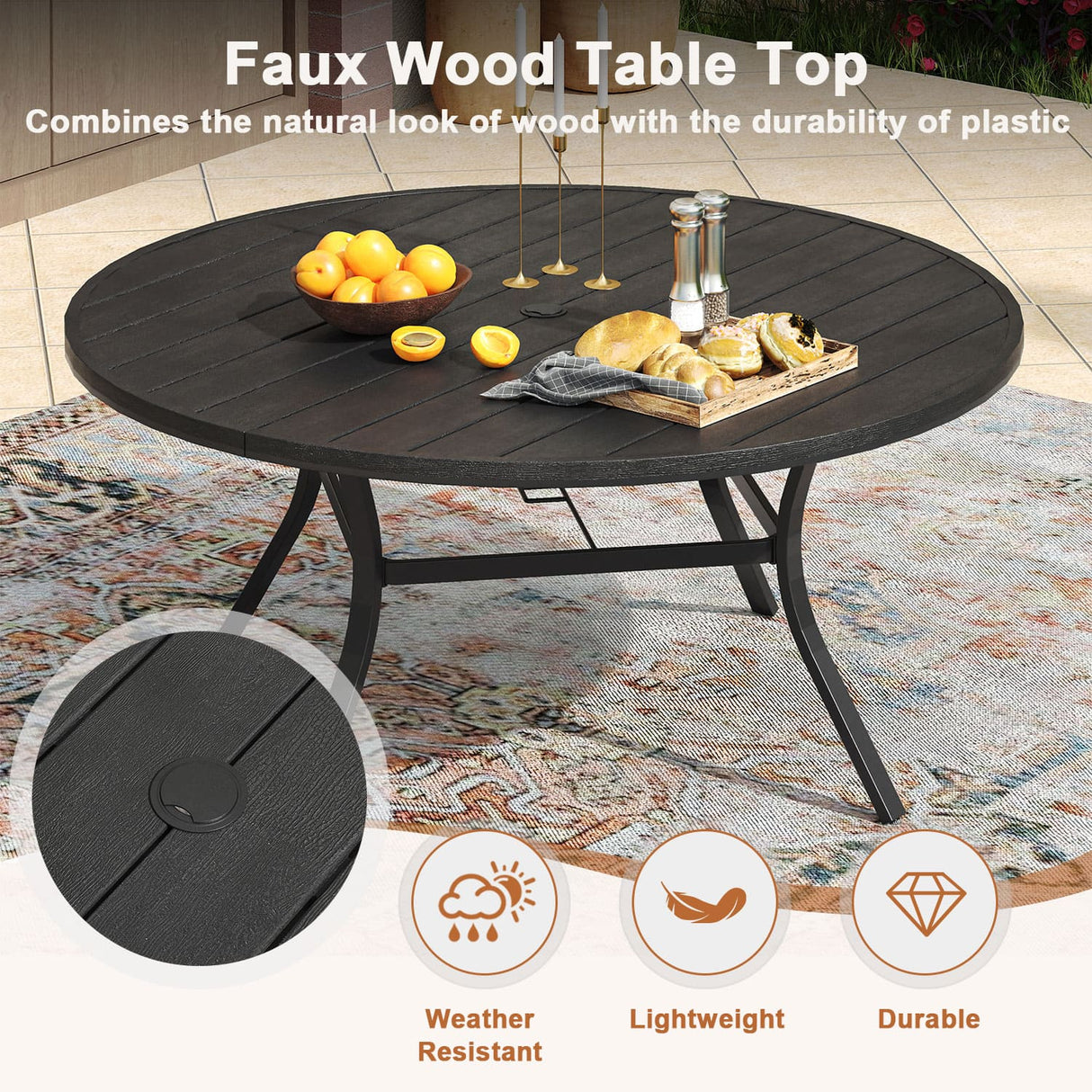 Vicllax Outdoor Plastic Top Patio Wood-Like Grain Round Dining Table for 4/6/8