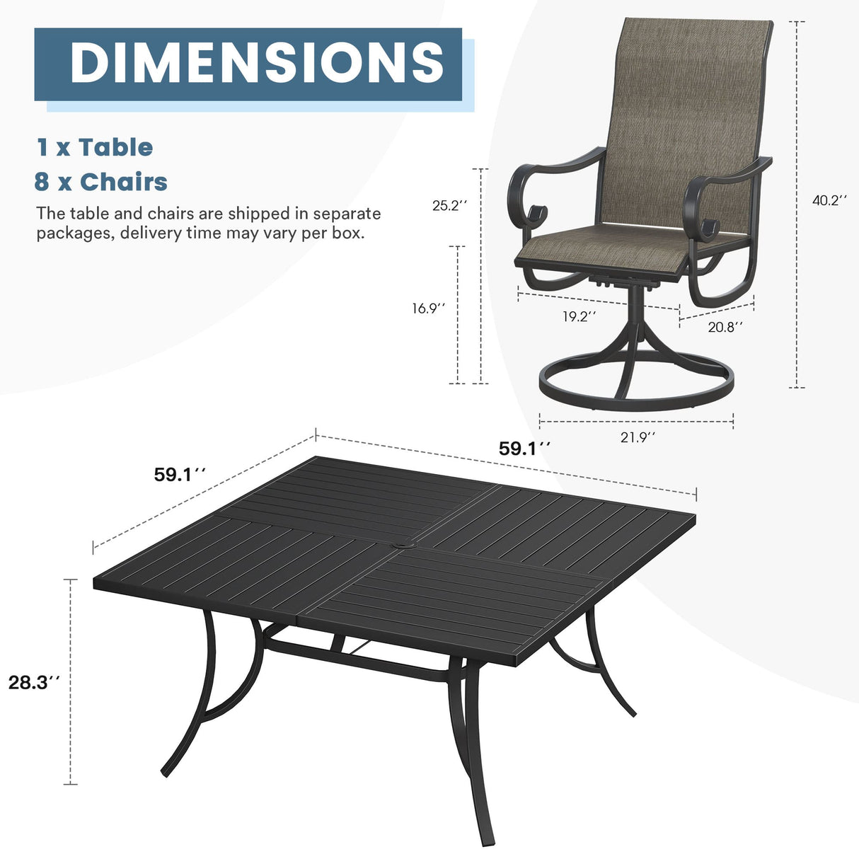 Vicllax 9 Pieces Outdoor Dining Set with 59" Square Dining Table and Swivel Chairs