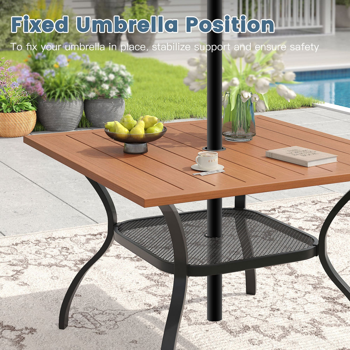 Vicllax 5 Pcs Outdoor Dining Set, Square Metal Table with Storage Shelf and 4 Swivel Chairs
