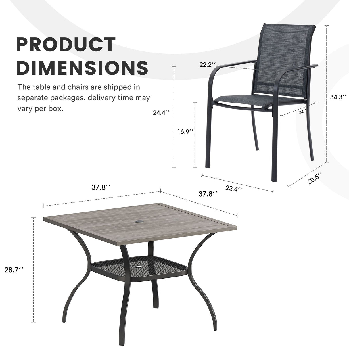 Vicllax 5 Pieces Outdoor Dining Set, 37.8" Square Metal Table and Stackable Sling Chairs
