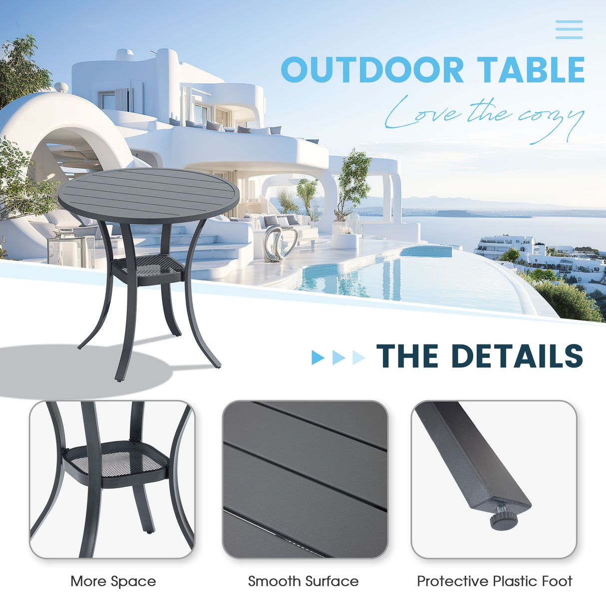 Vicllax Outdoor 27" Small Dining Table, Patio Round Metal Table with Storage Shelf