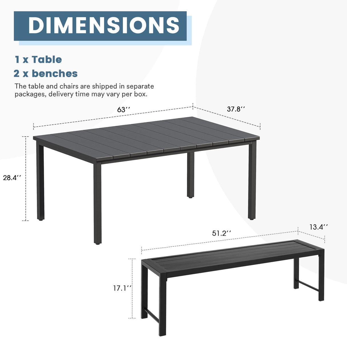 Vicllax 3-Piece Rectangular Metal Outdoor Dining Table and Bench Set