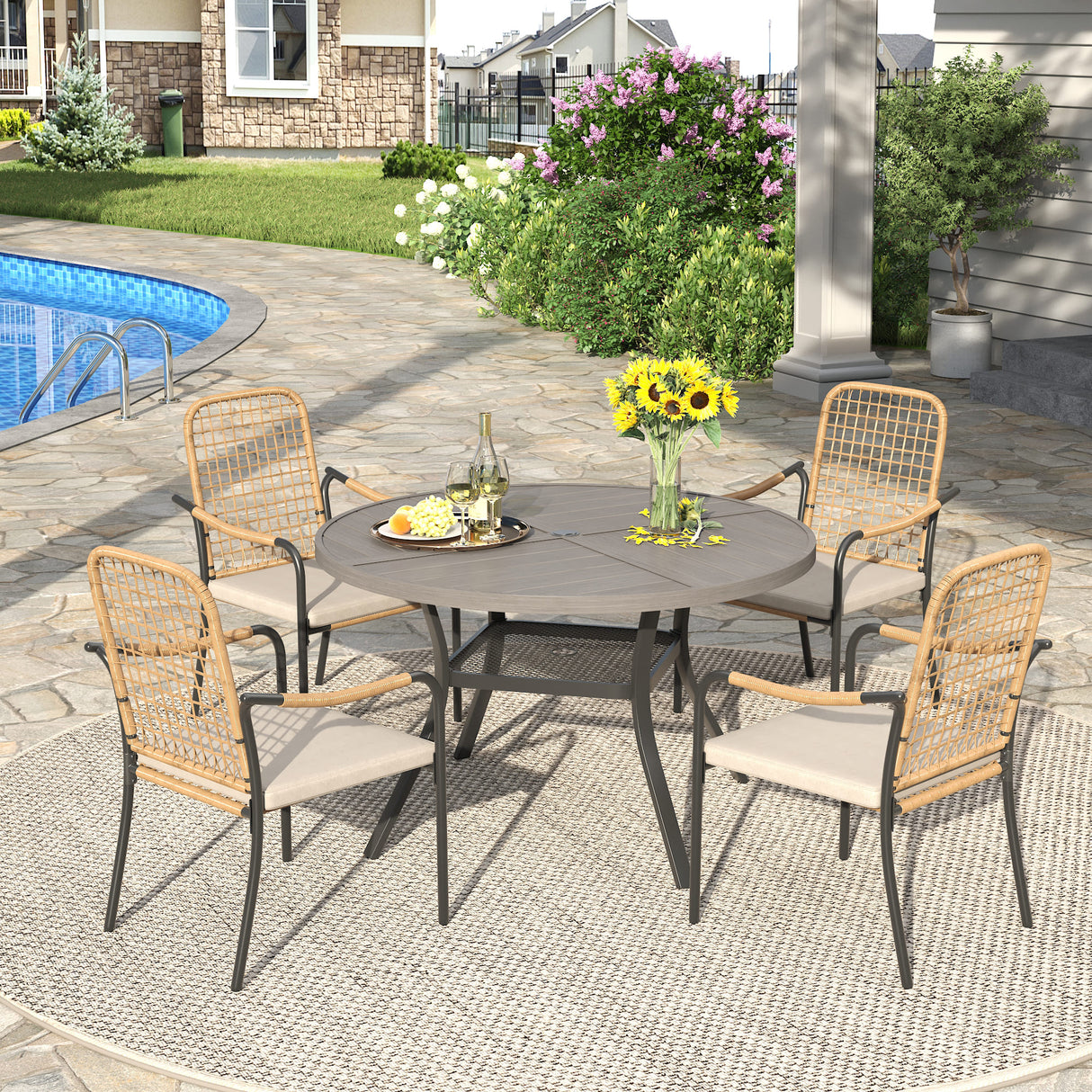 Vicllax 5 PCS Patio Dining Table Set, 41" Round Metal Table with Shelf and Solana Stackable Chair