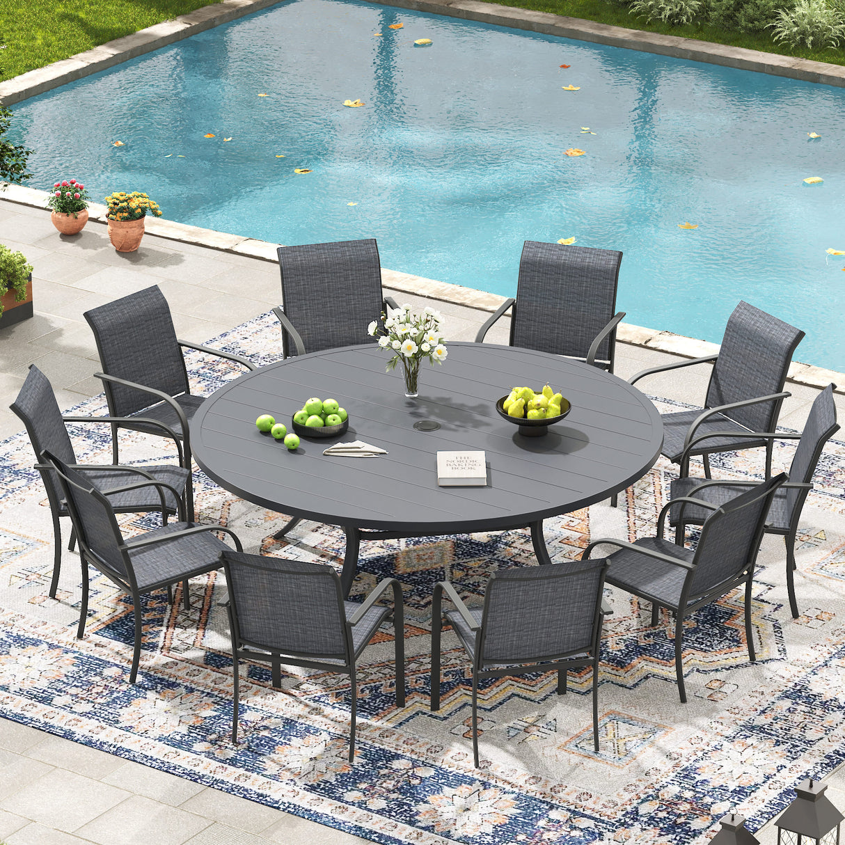 VICLLAX 11-Pcs Outdoor Dining Set, 63” Round Metal Table with Umbrella Hole & 10 Stackable Chairs