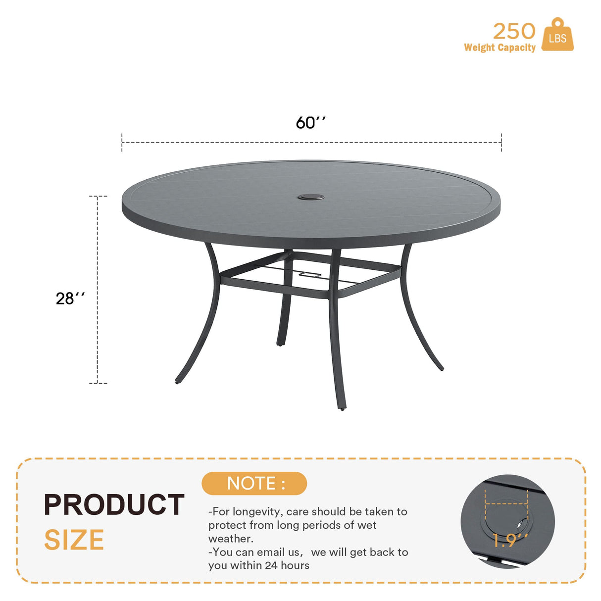 Vicllax 50” / 60" Outdoor Round Metal Dining Table with Umbrella Hole for 6,8