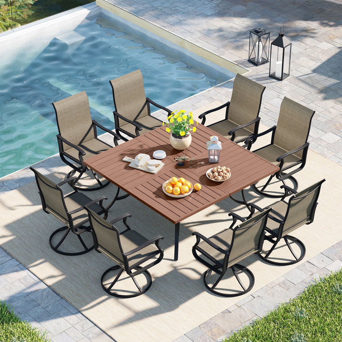 Vicllax Patio Dining Table Set for 8, Outdoor 59" Square Large Metal Table and Swivel Dining Chairs